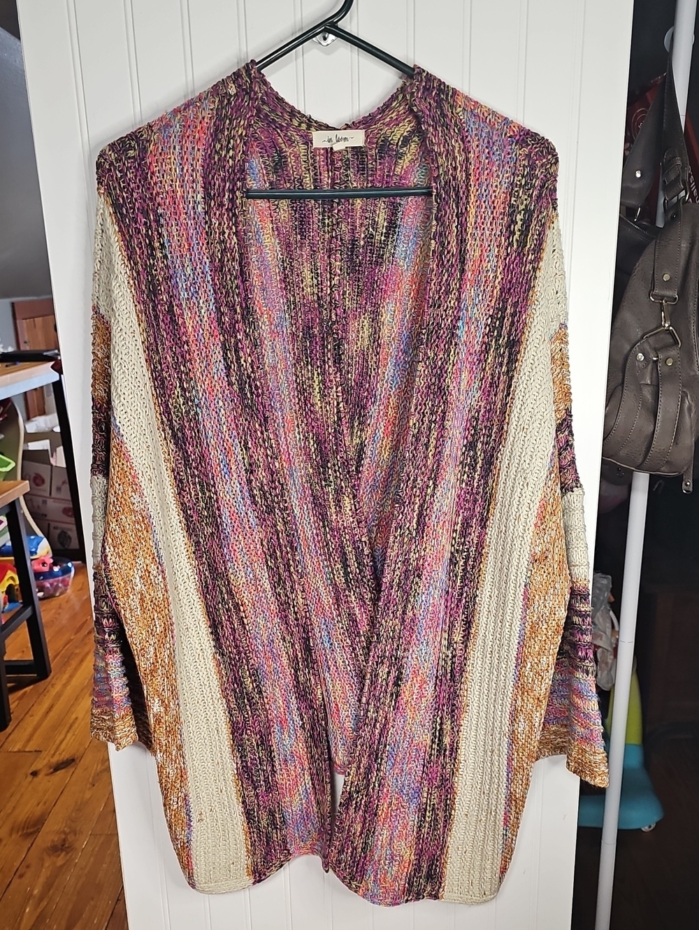 Mixed Multi-Color Open Draped Knit Cardigan with Cream Panels